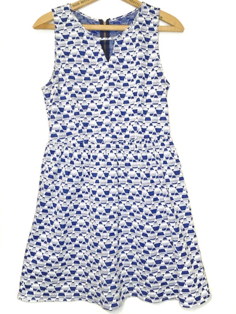 Blue and White Geometric Fit & Flare Dress, Keyhole Neck, Exposed Zip -Large-